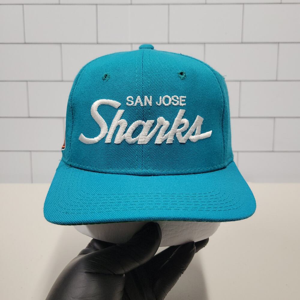 Vintage San Jose Sharks Sports Specialties Script Snapback Hat 100% Wool NHL